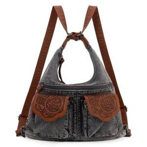 Convertible hobo, backpack, crossbody made of denim jean and PU leather